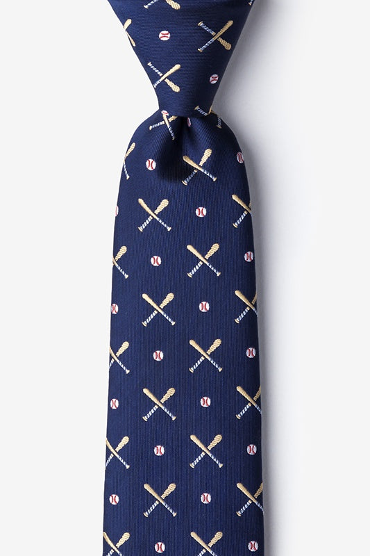 Navy blue tie with baseball and bat pattern on a white background