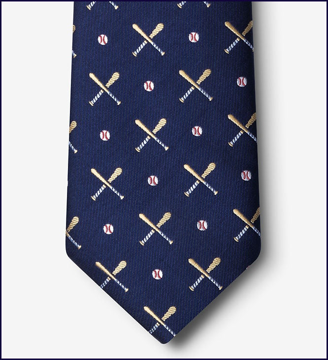 Navy blue tie with baseball and bat pattern on a white background