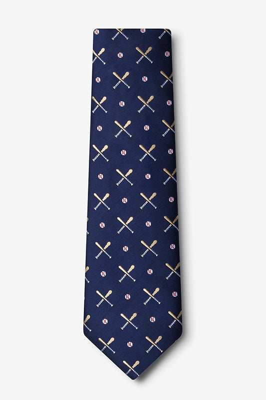 Navy blue tie with baseball bat and ball pattern on a white background