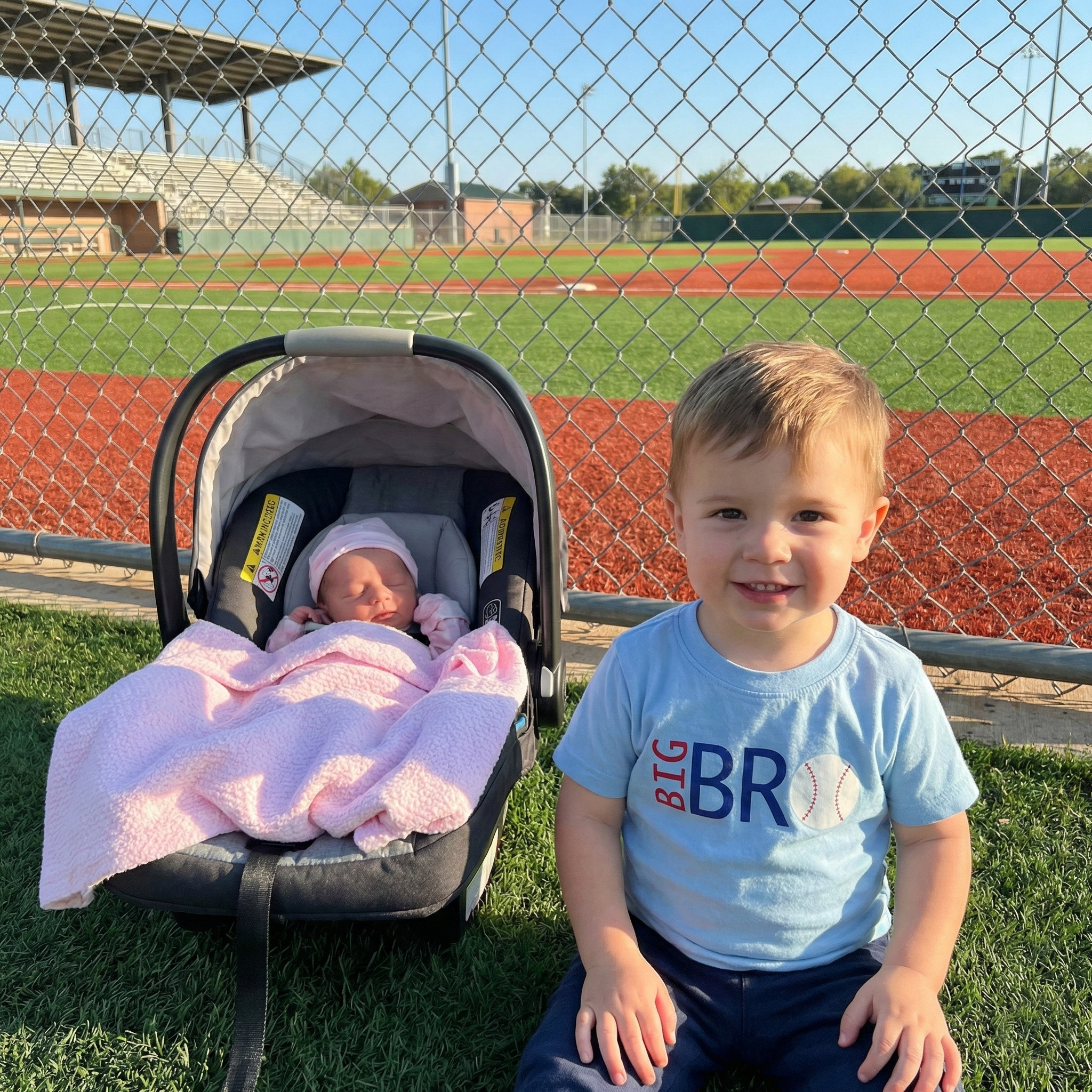 Big Bro Baseball Toddler T-Shirt worn by big brother at a baseball field.