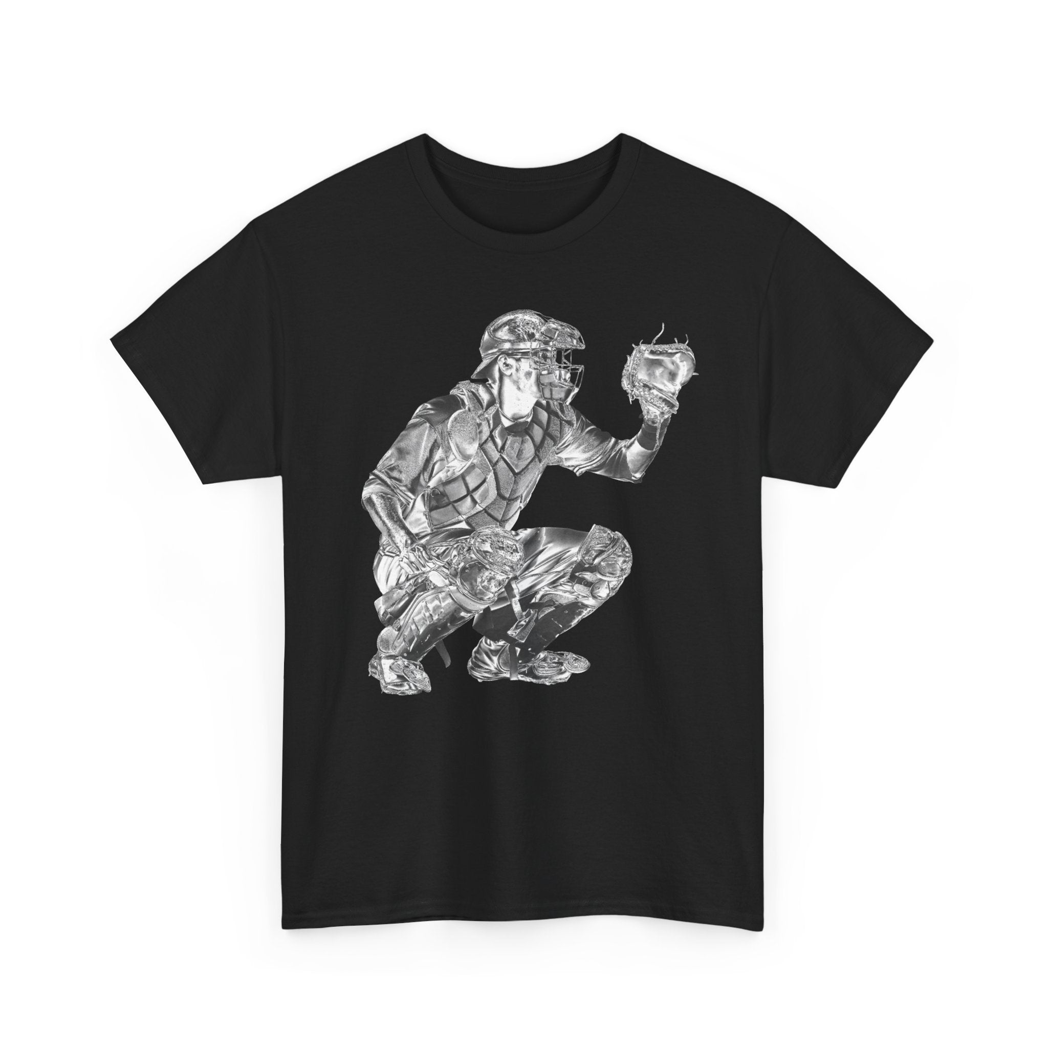 Black t-shirt with a graphic of a baseball catcher holding a glove on a white background
