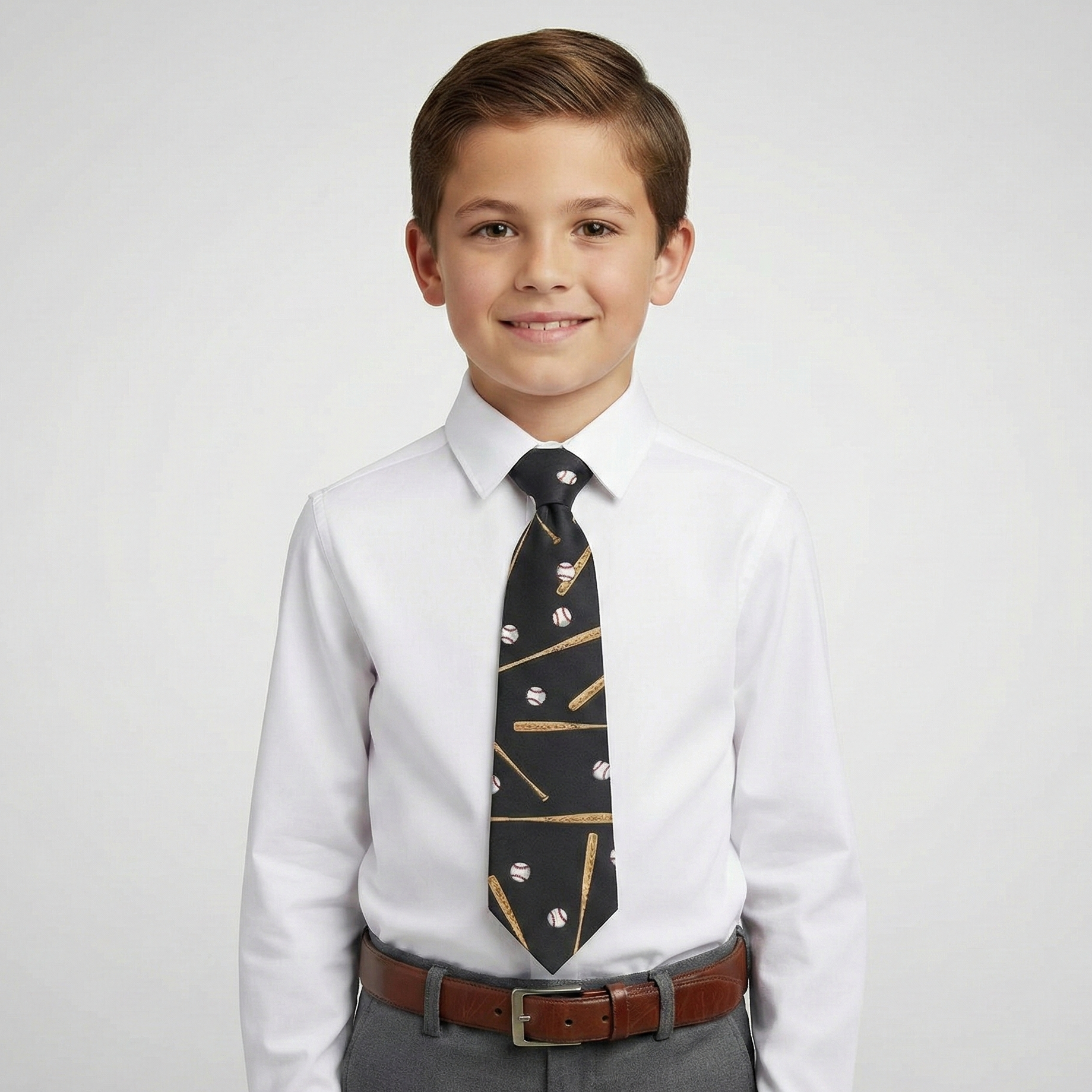 Young boy wearing a white shirt, black baseball tie with bats and balls, and gray pants on a light gray background