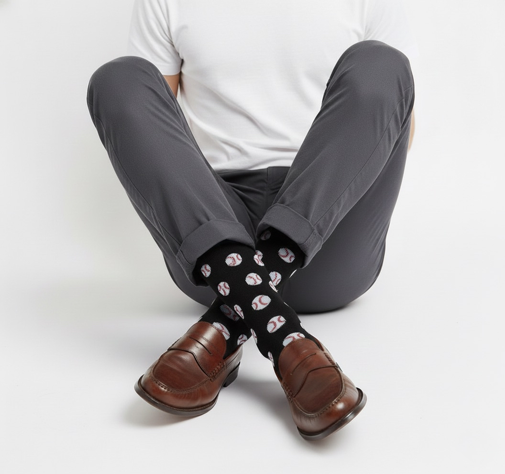 Person wearing black baseball socks with white patterns and brown shoes on a light gray background