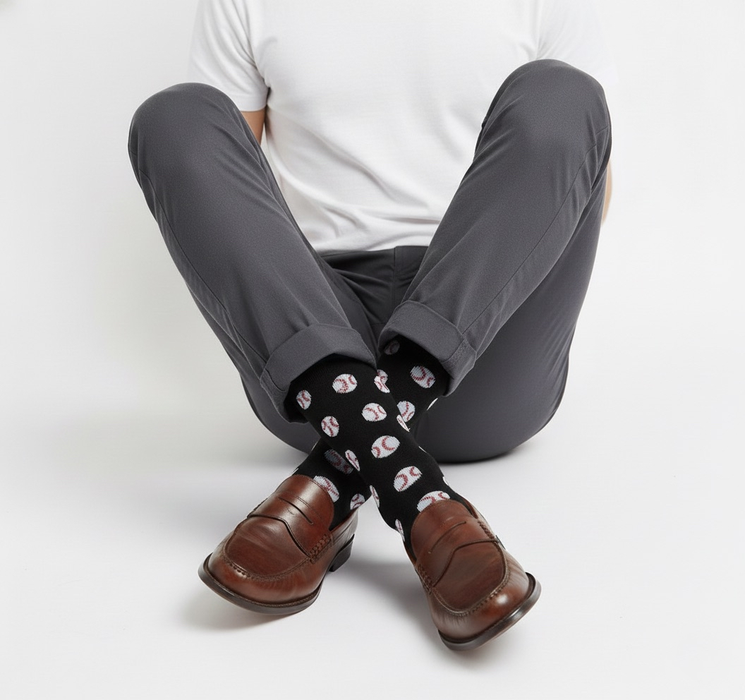Person wearing black baseball socks with white patterns and brown shoes on a light gray background