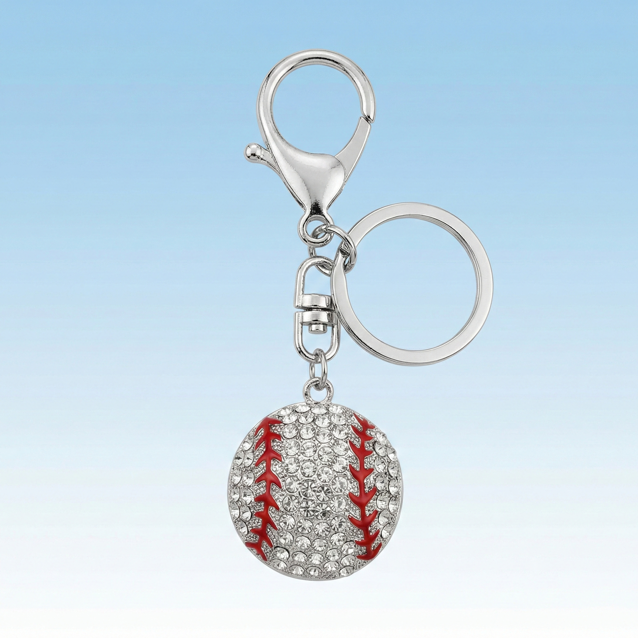 Keychain with baseball charm on a light blue background