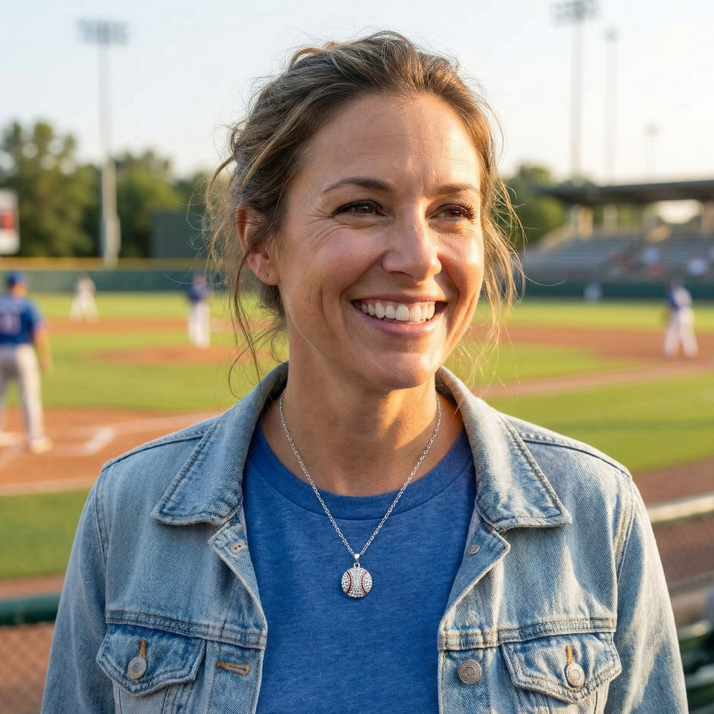 Woman standing on a baseball field wearing a denim jacket and blue shirt, with a silver necklace featuring a crystal baseball pendant.