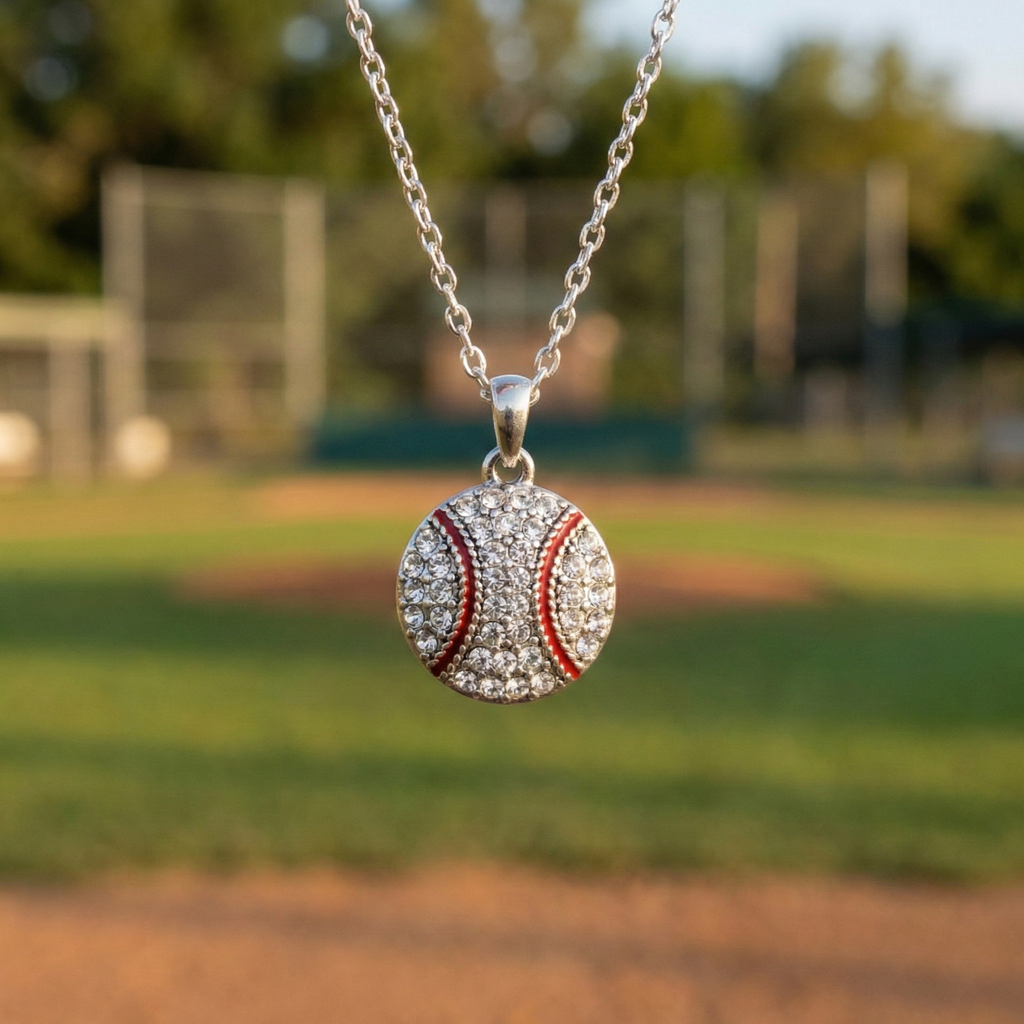 Crystal baseball silver necklace with a baseball pendant on a blurred baseball field background
