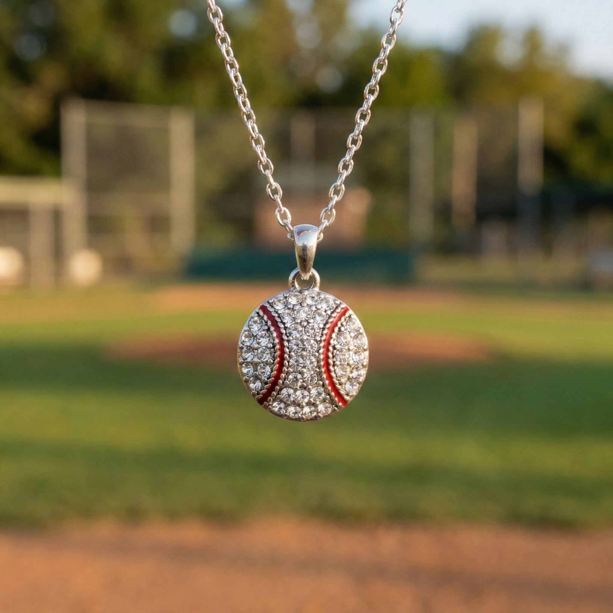 Crystal baseball silver necklace with a baseball pendant on a blurred baseball field background