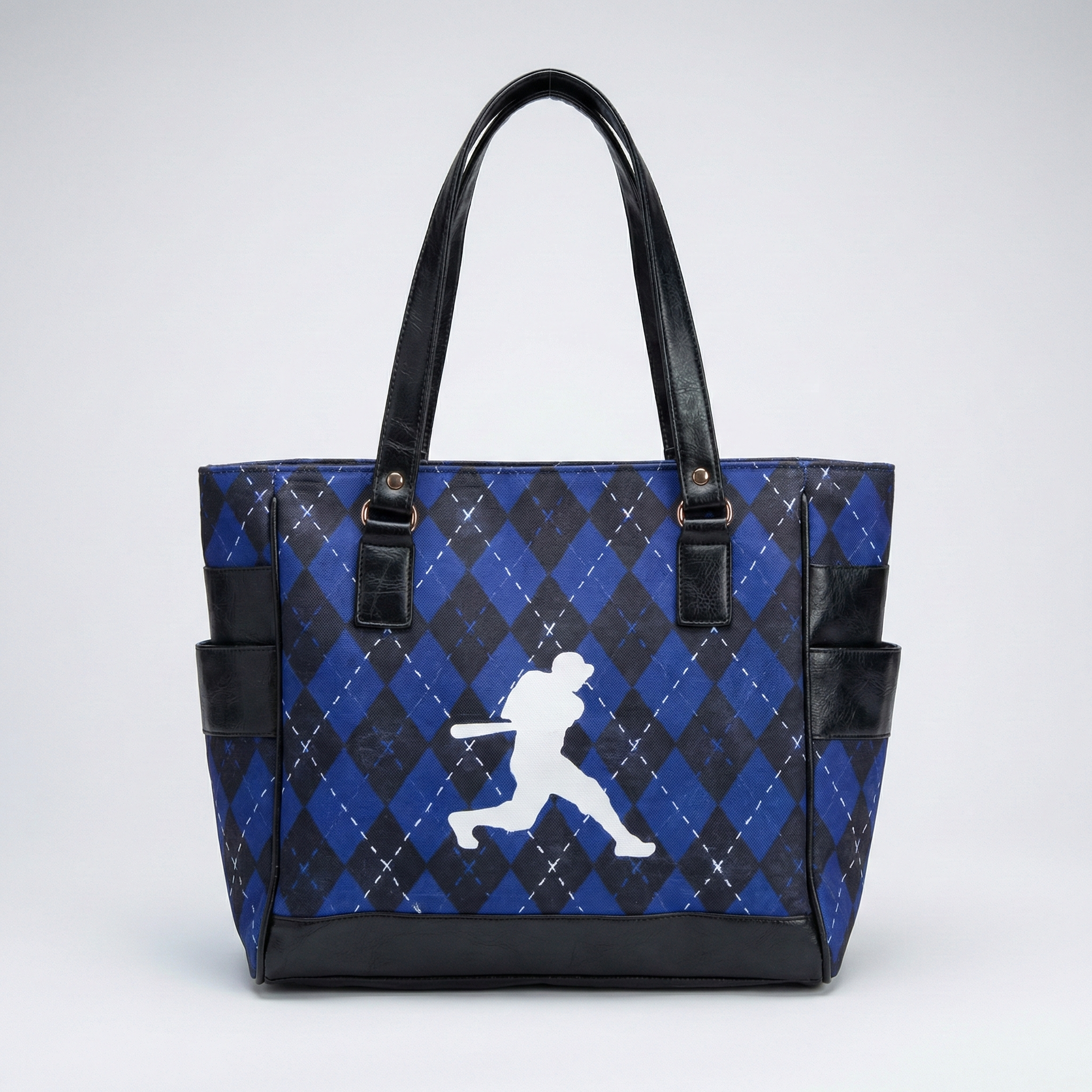 Blue and black checkered bag with a white silhouette of a person holding a baseball bat on a white background
