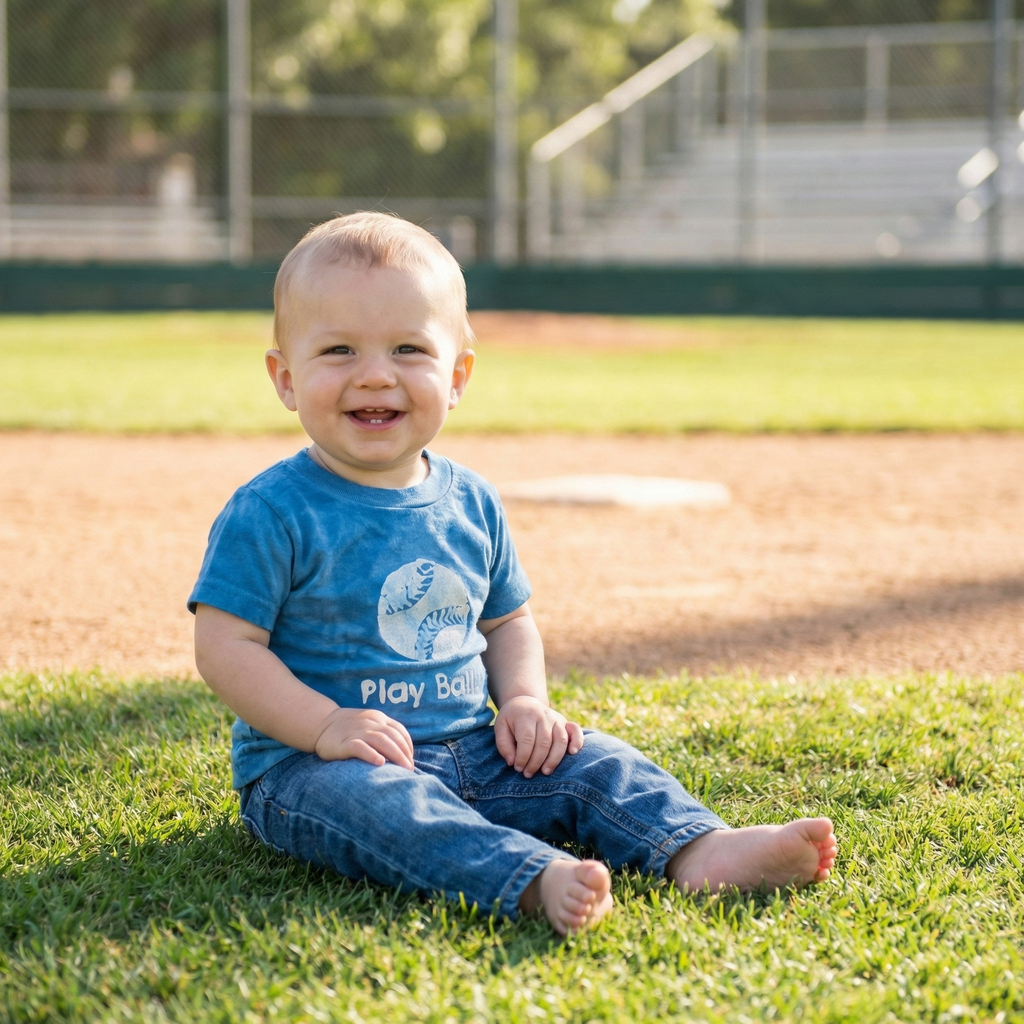 Child sitting on a baseball field wearing a blue Play Ball shirt.