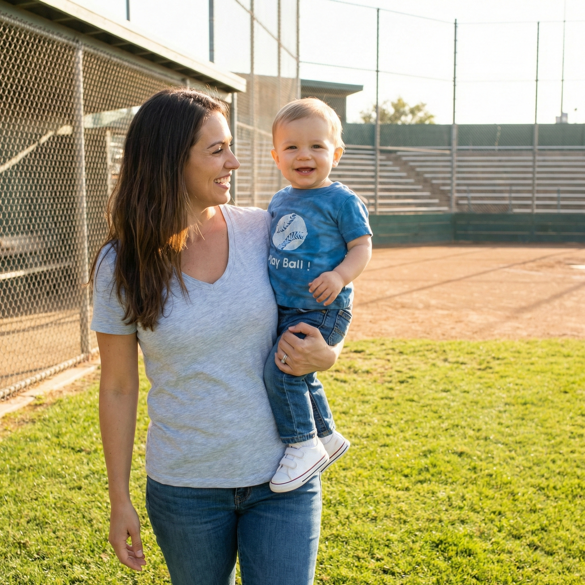 Woman holding a child wearing a Play ball blue t-shirt on a baseball field