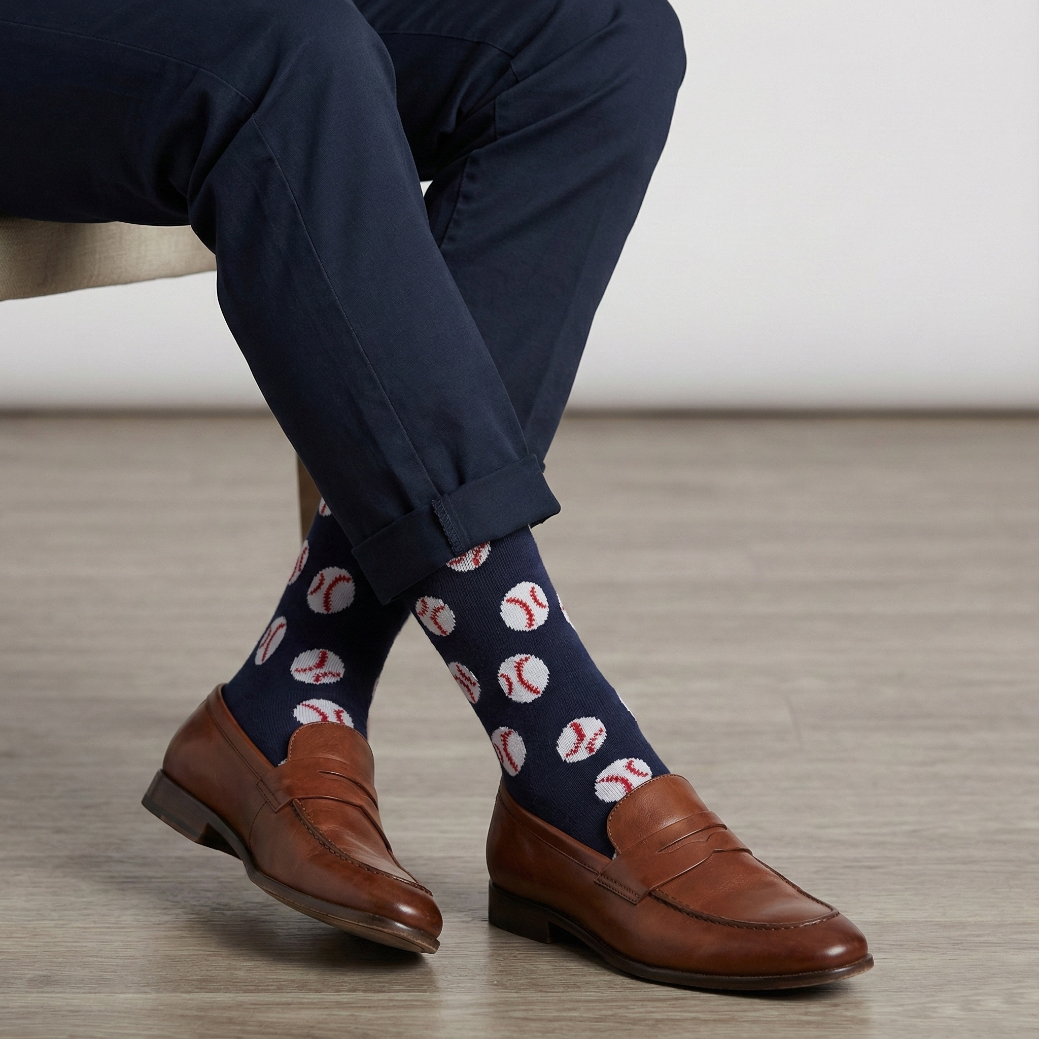 Person wearing navy socks with baseball pattern and brown shoes on a wooden floor.