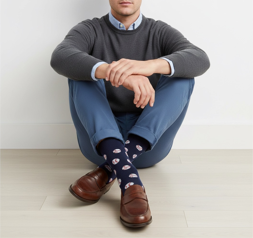 Man wearing a gray sweater, blue pants, and baseball patterned socks sitting on the floor.