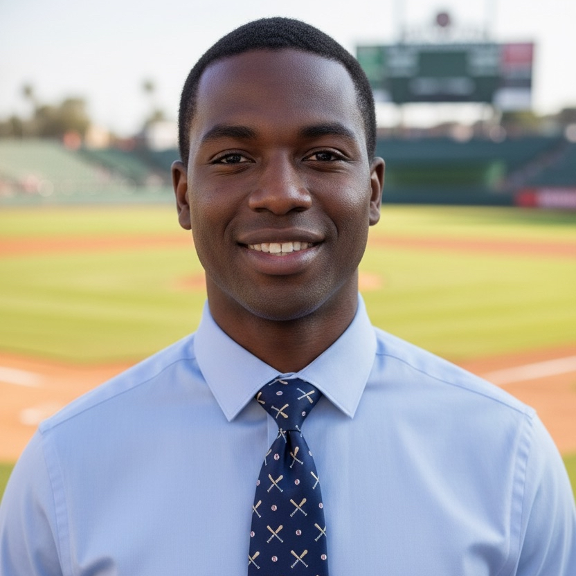 Man wearing a light blue shirt and dark tie with a baseball field background