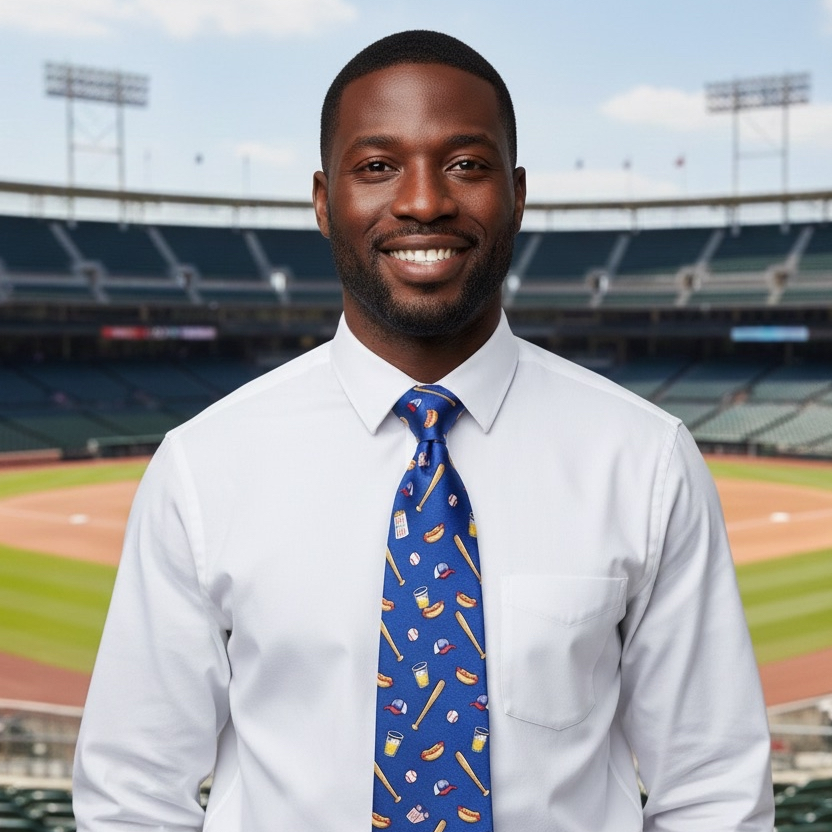 Man wearing a white shirt and blue tie with sports-themed design, standing in front of a baseball stadium.