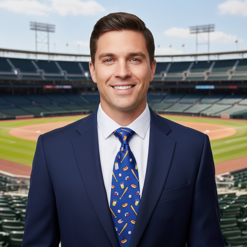 Man in a suit with a colorful tie standing in front of a baseball stadium