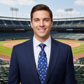 Man in a suit with a colorful tie standing in front of a baseball stadium