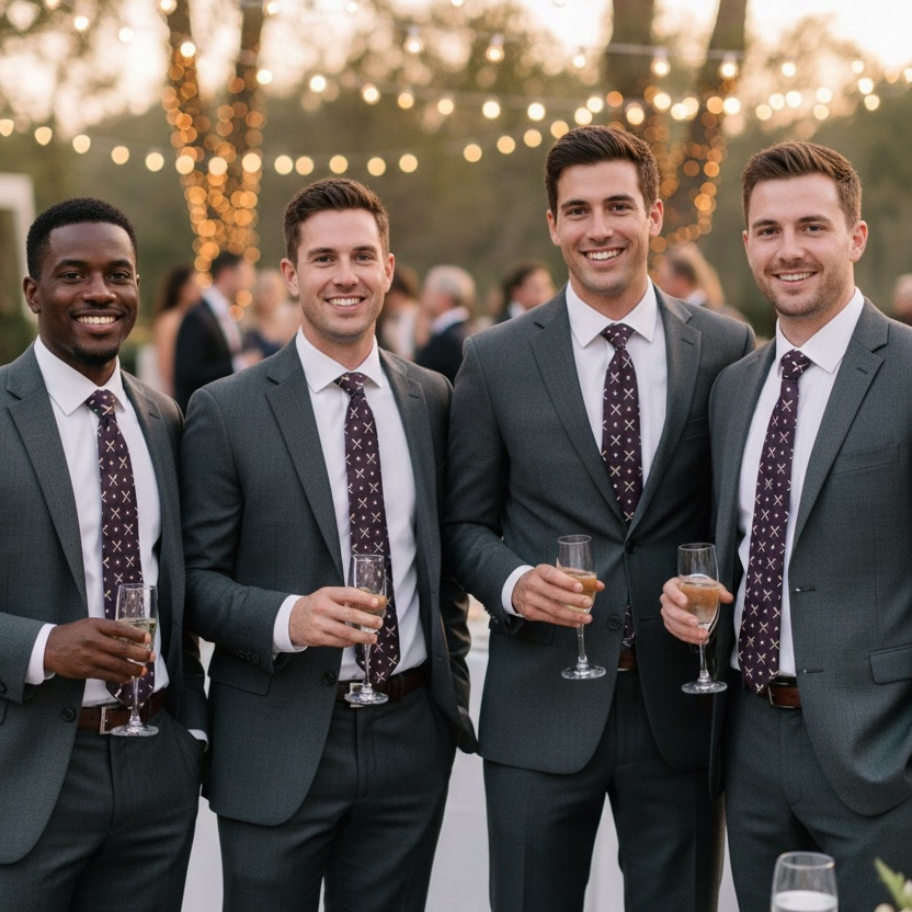 Four groomsmen in suits with ties holding drinks outdoors at night at a baseball wedding reception.