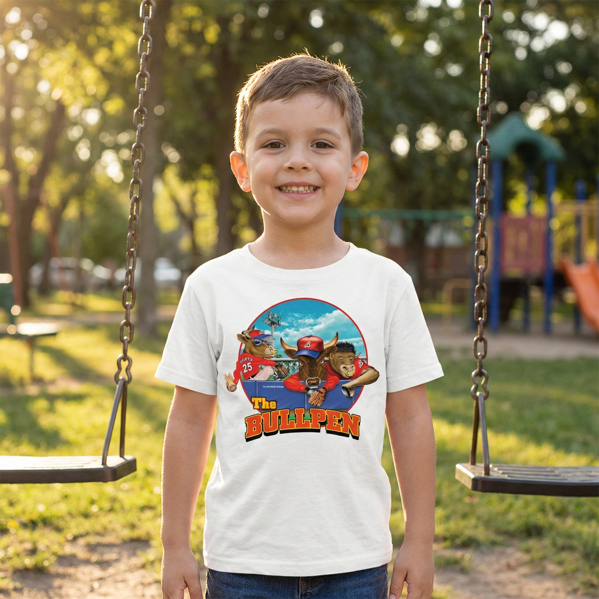 The Bullpen Baseball T-Shirt worn by a boy by the swings at the park