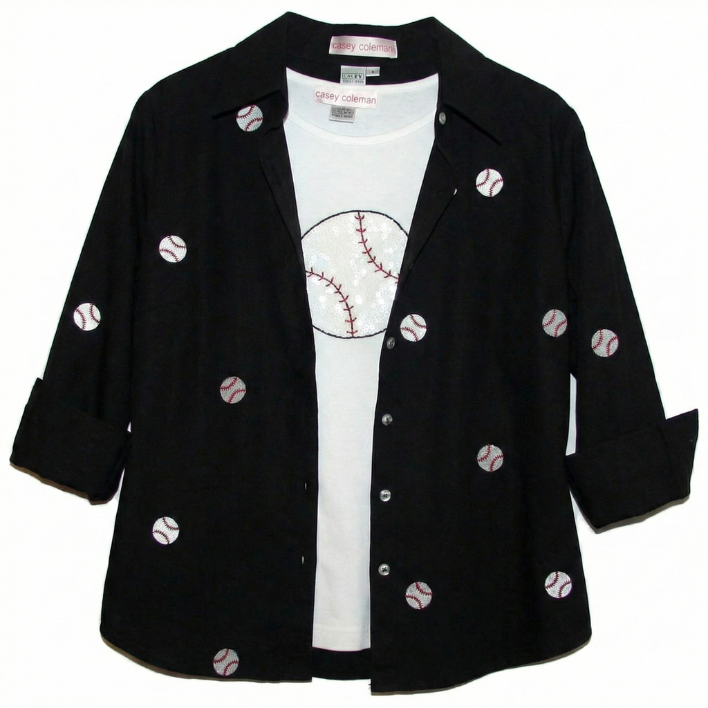 Casey Coleman black baseball button down shirt with white baseball t-shirt on a white background