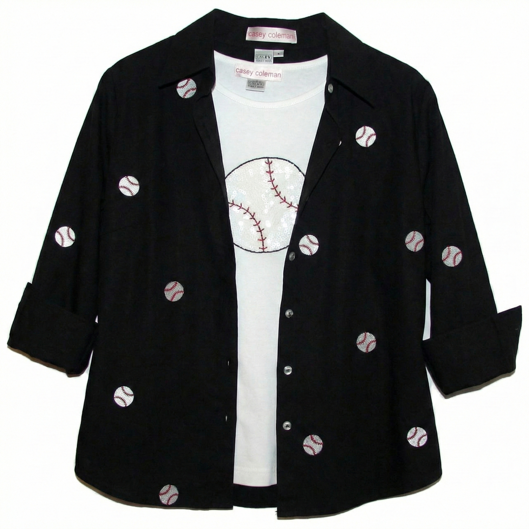 Casey Coleman black baseball button down shirt with white baseball t-shirt on a white background