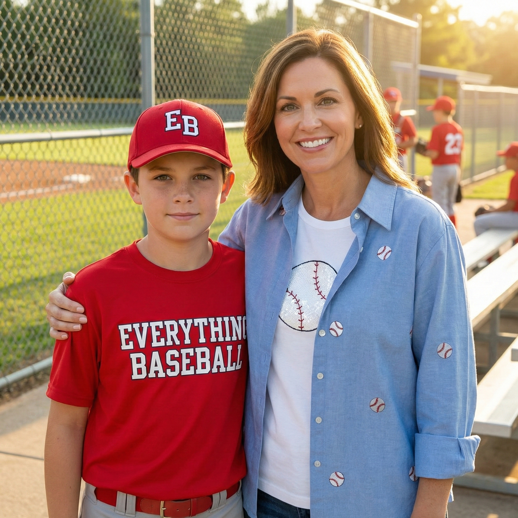 Woman wearing Casey Coleman baseball shirts and child wearing Everything Baseball uniform at the ballpark. 