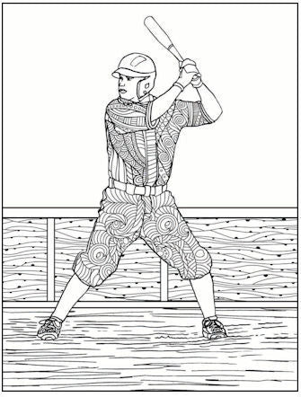 Baseball player coloring page with intricate patterns on a white background