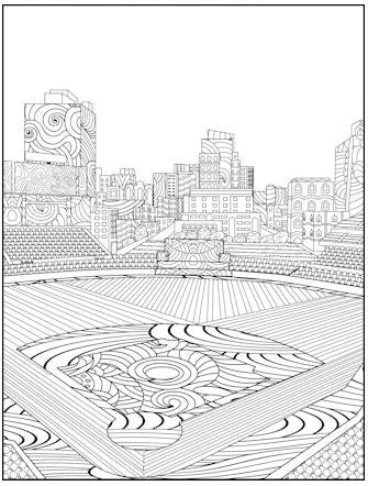 Black and white line drawing of a cityscape with intricate patterns