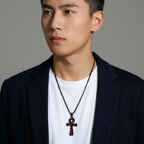 Man with baseball cross necklace wearing a dark blazer over a white shirt with a necklace featuring an ankh pendant.