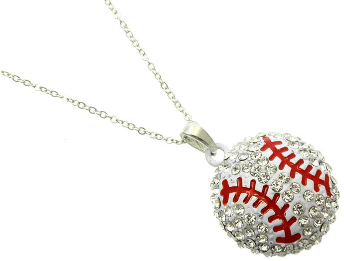 silver necklace with a baseball-shaped crystal pendant on a white background