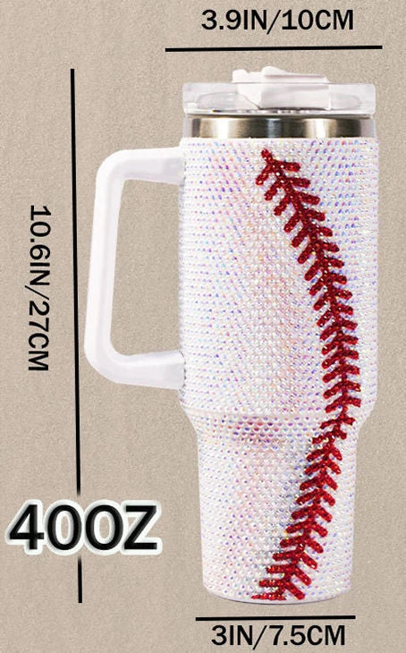 40oz tumbler with baseball design and measurements on a beige background