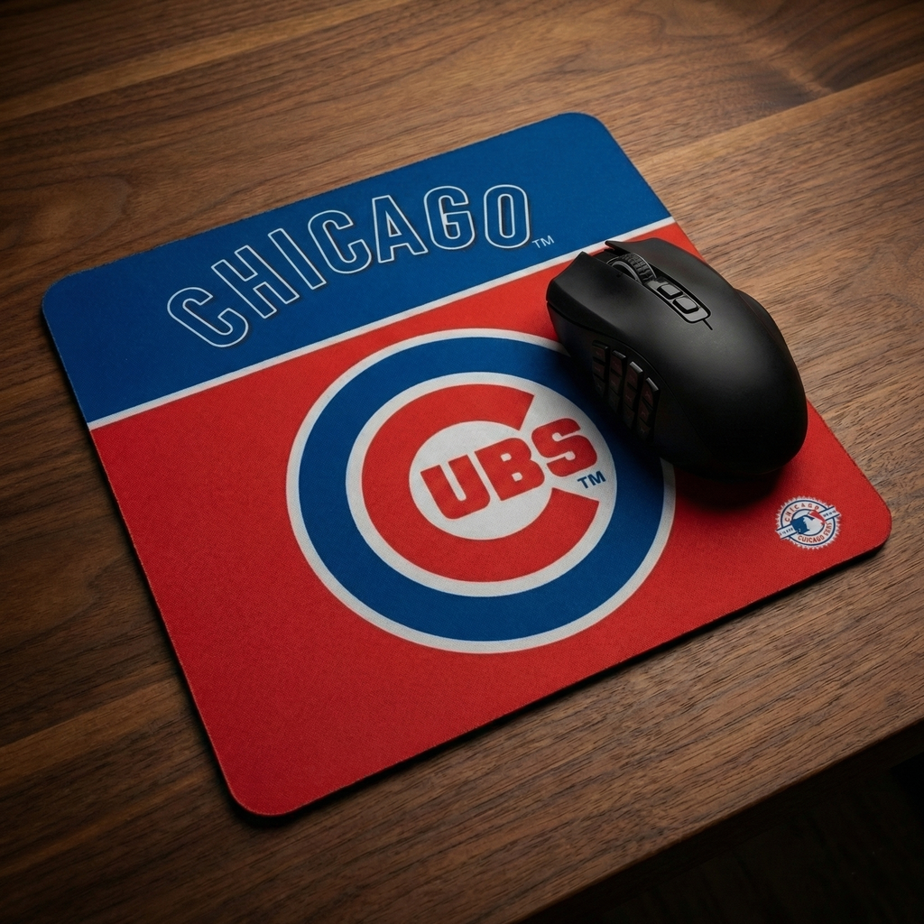 Mouse pad with Chicago Cubs logo on a wooden surface