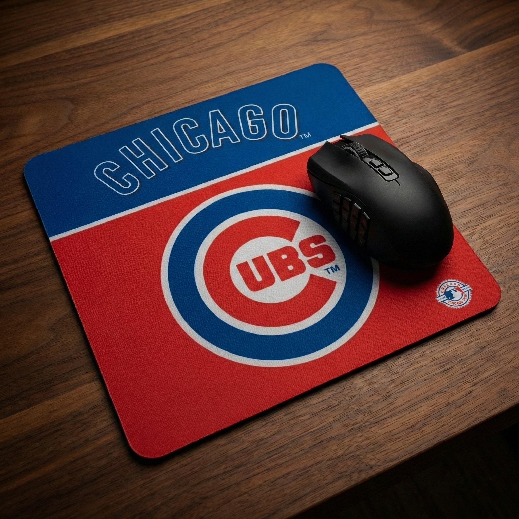 Mouse pad with Chicago Cubs logo on a wooden surface