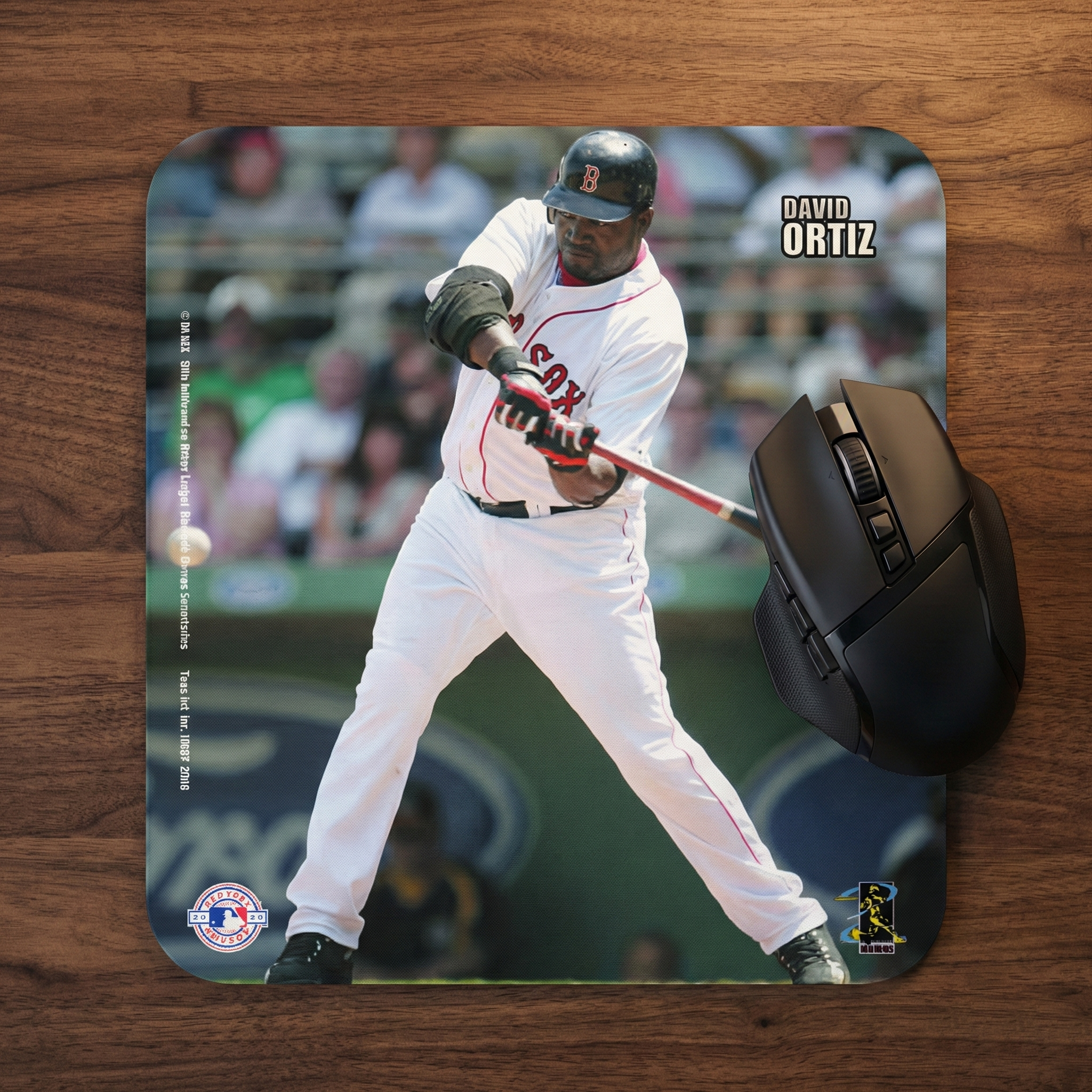 Mouse pad with a baseball player design featuring Boston Red Sox David Ortiz on a wooden surface.