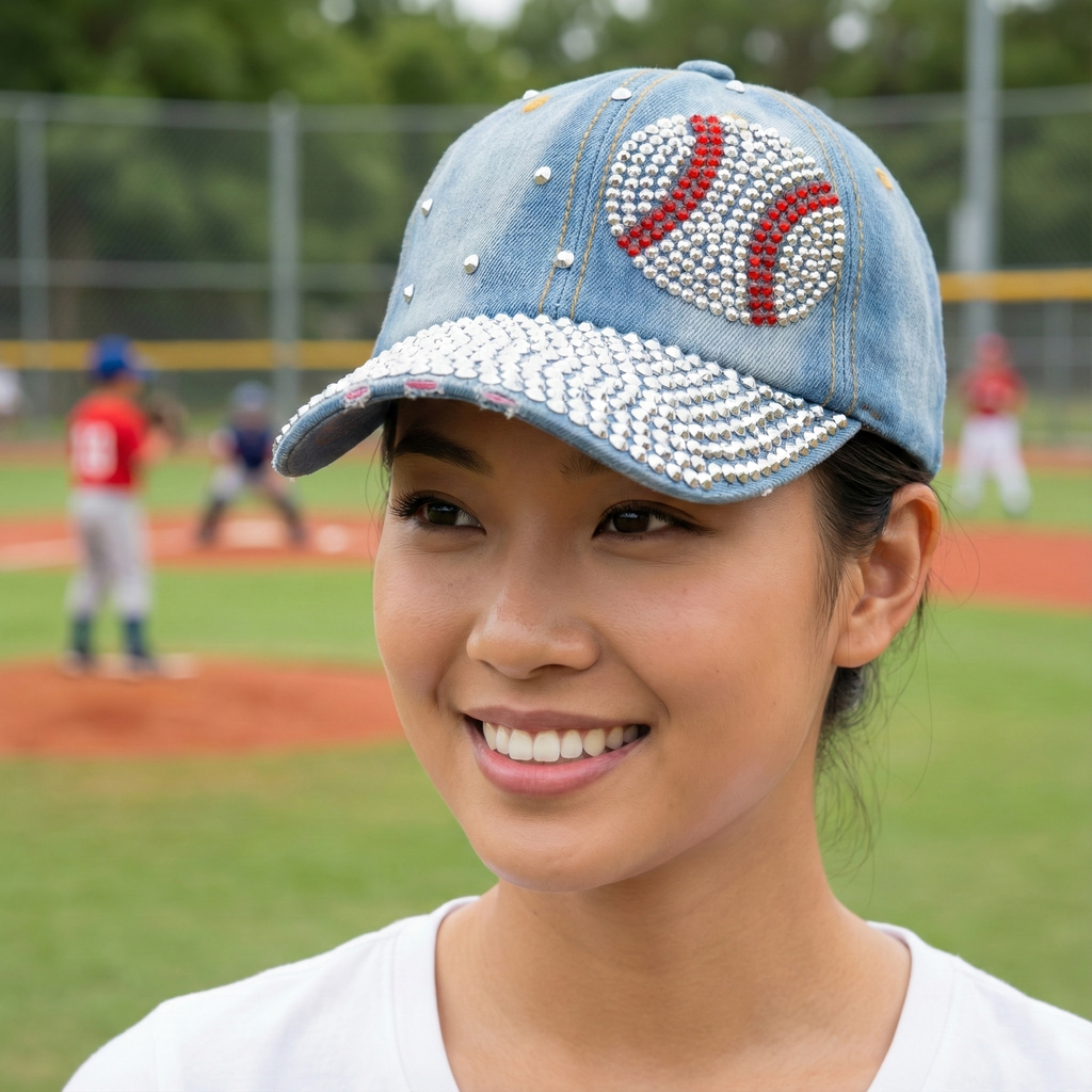 Woman wearing a denim bling cap with a baseball design on a baseball field