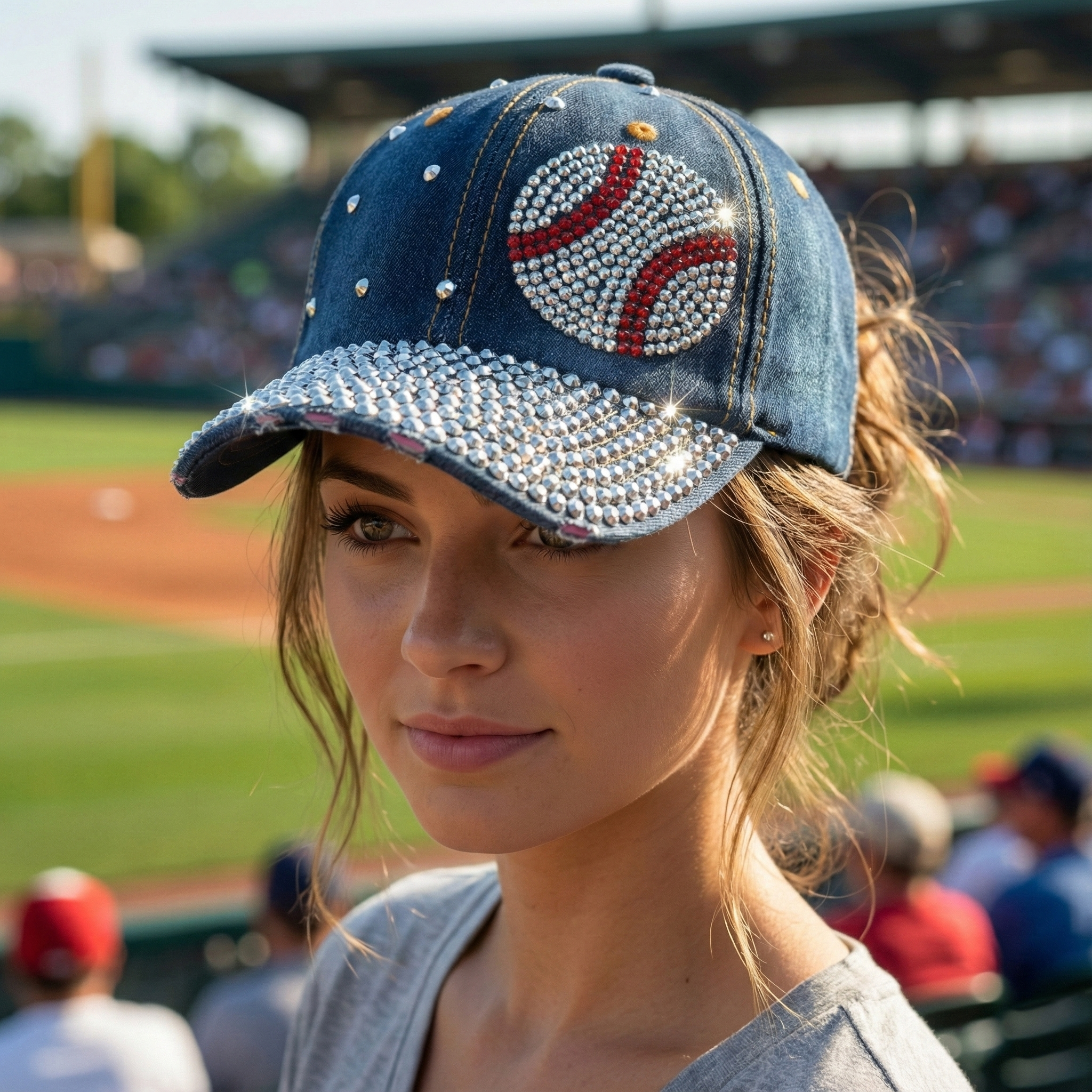 Woman wearing a denim bling cap with a baseball design at a sports event