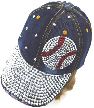 Denim cap with rhinestone embellishments on a white background