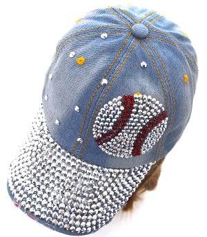 Denim cap with rhinestone baseball design on a white background