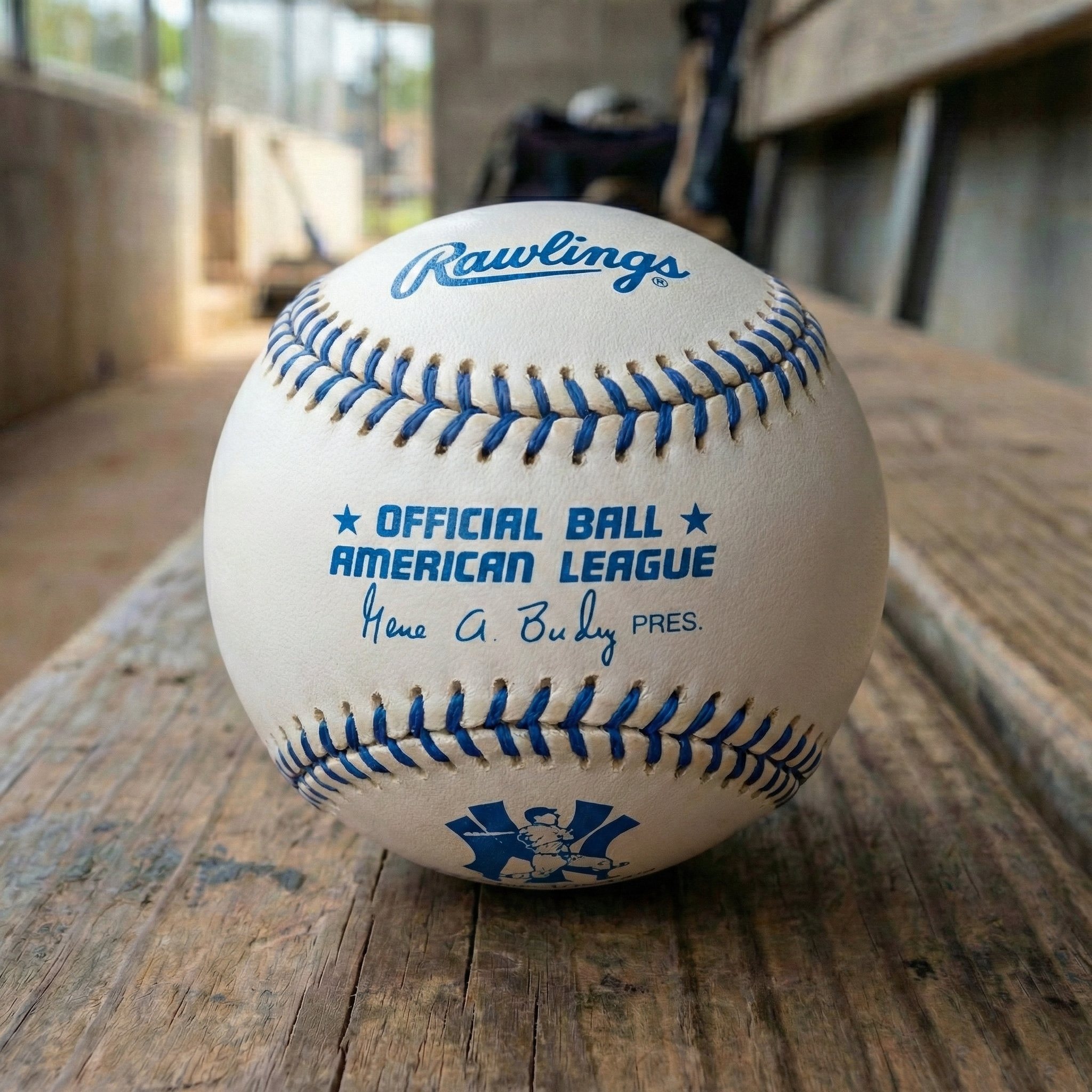 Rawlings New York Yankees 1998 Joe DiMaggio Day American League Baseball on a dugout bench