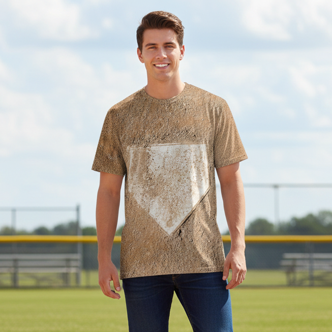 Man wearing a patterned t-shirt on a sports field