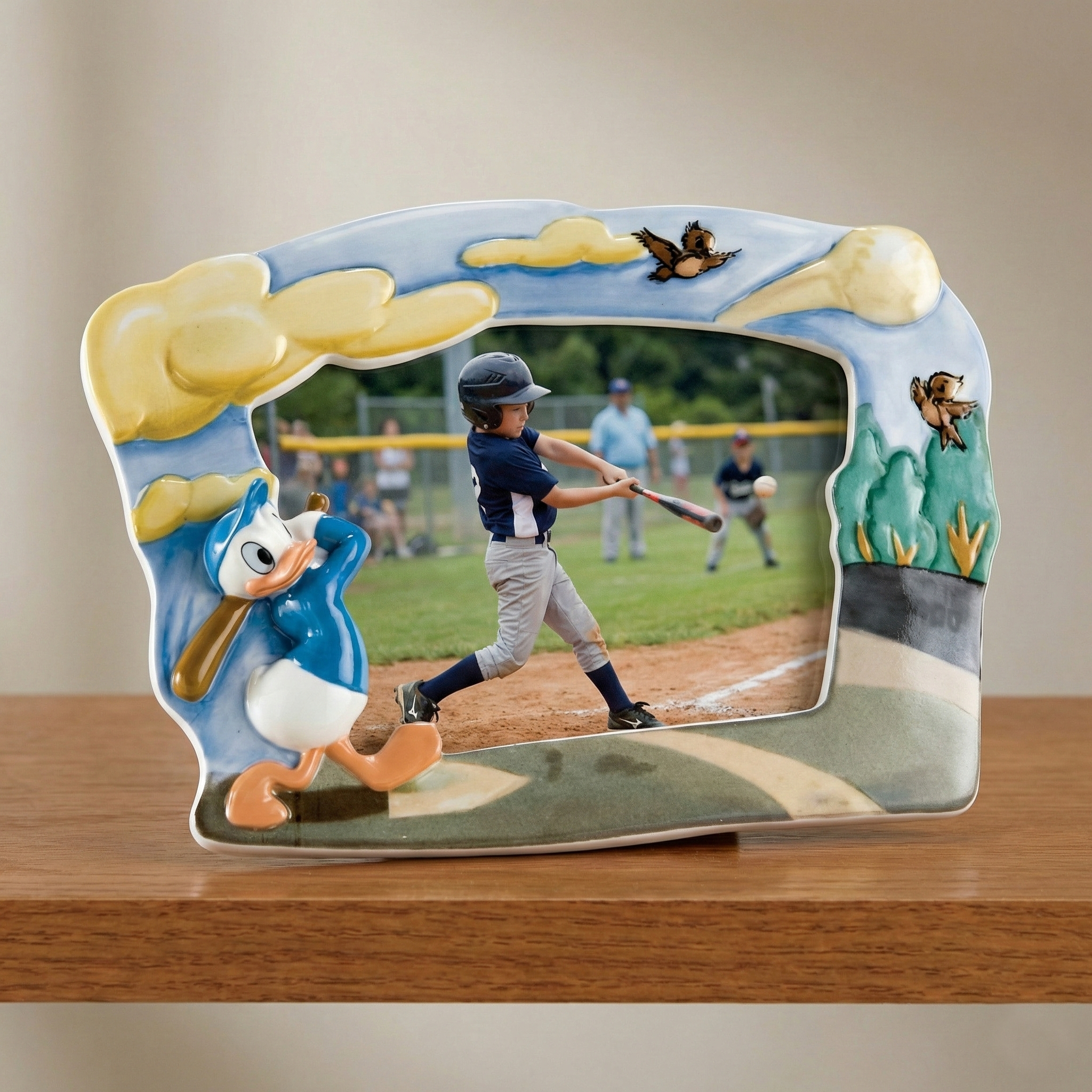 Donald Duck Practice Makes Perfect Baseball Picture Frame on a wood shelf.
