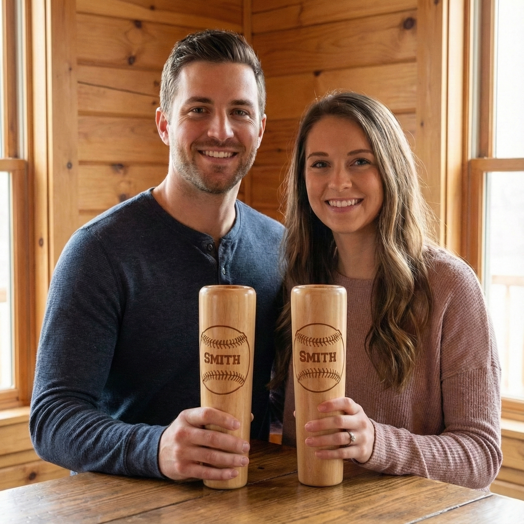Man and woman holding wooden baseball bat beer mugs with 'Smith' engraving in a wooden interior.