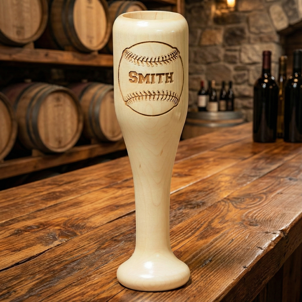 Personalized Baseball Bat Wine Glass Mug with Smith engraving on a wooden bar with wine barrels in the background