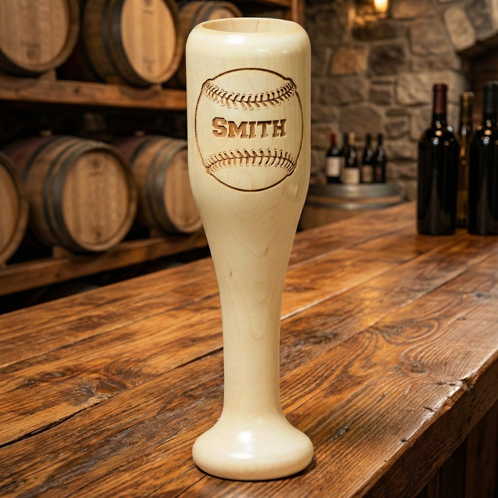 Personalized Baseball Bat Wine Glass Mug with Smith engraving on a wooden bar with wine barrels in the background