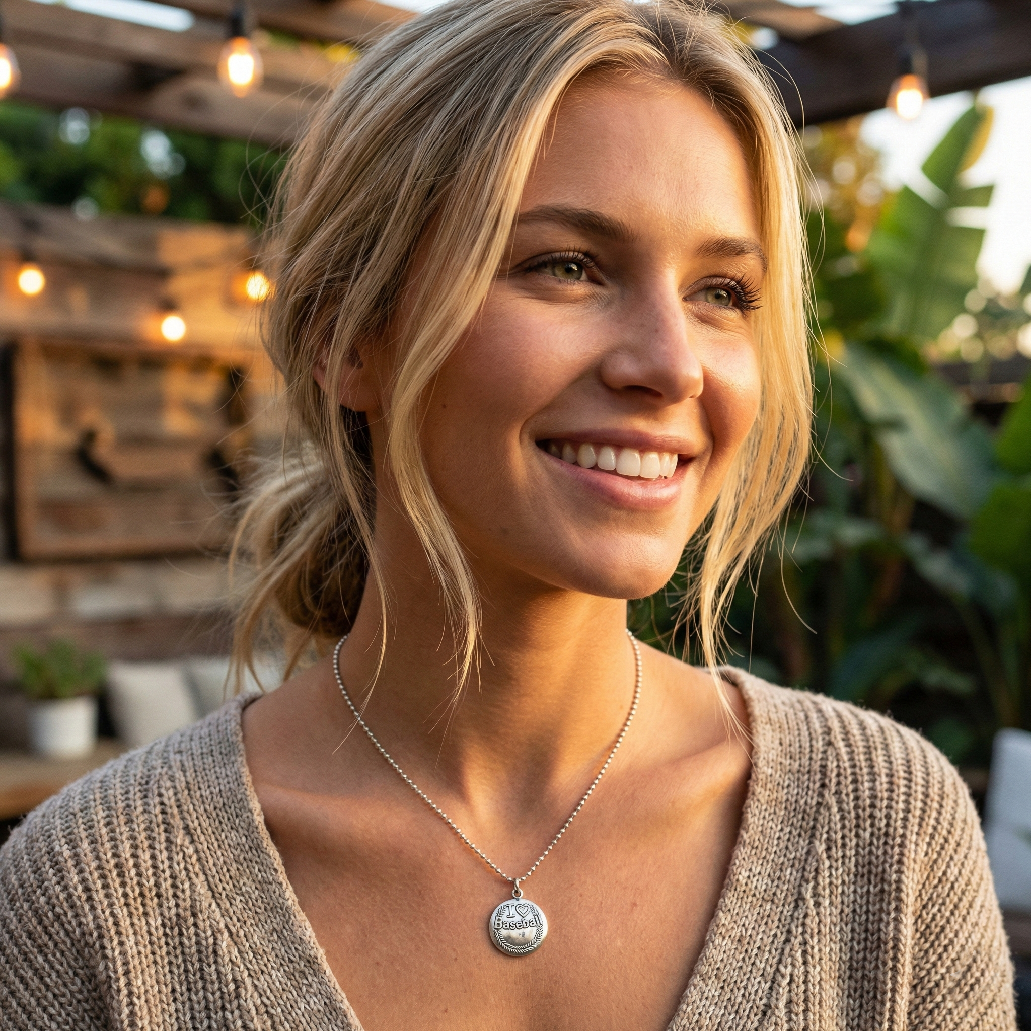 Woman wearing a necklace with a I Love Baseball silver pendant, standing outdoors with plants and lights in the background.