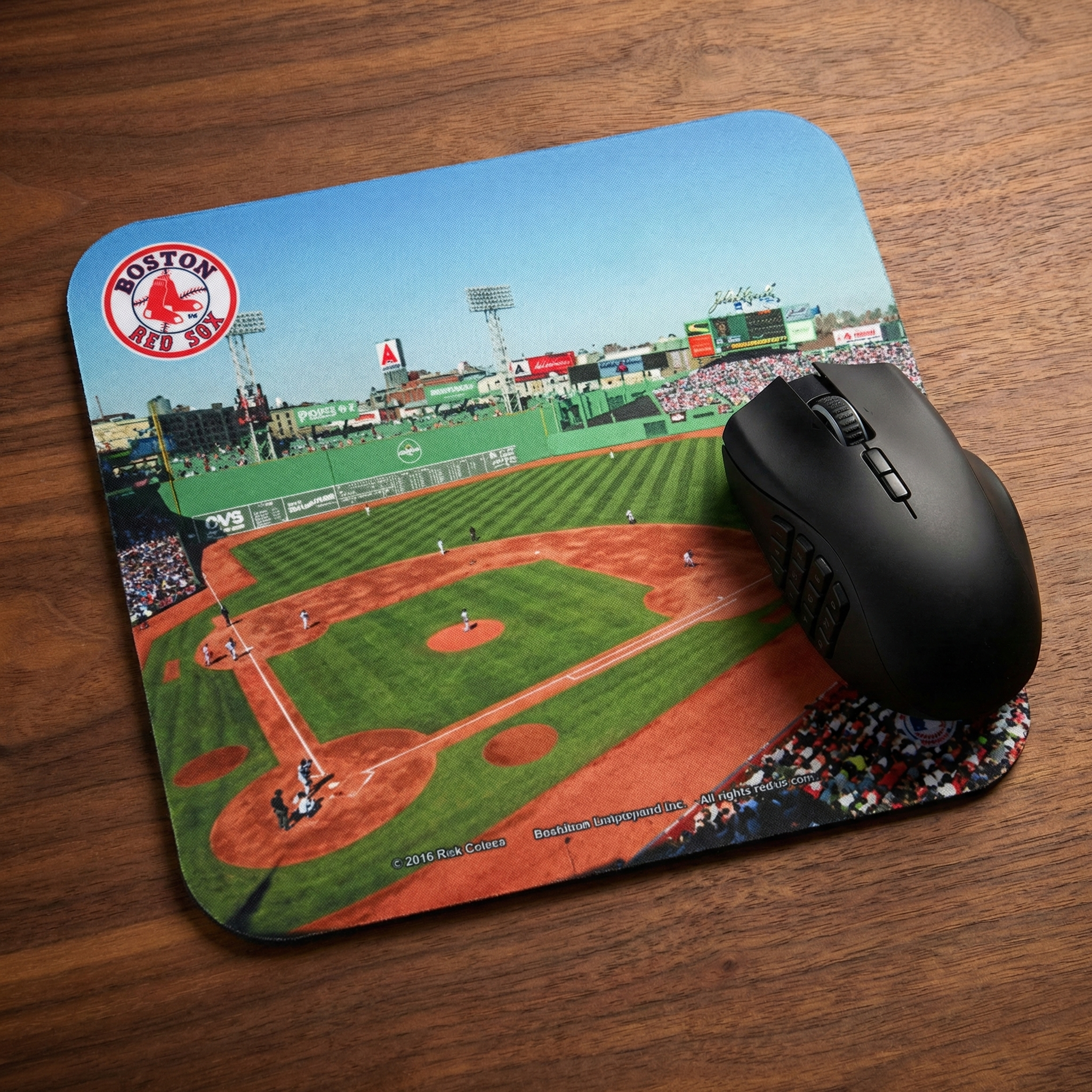 Mouse pad with Boston Red Sox Fenway Park baseball stadium design on a wooden surface