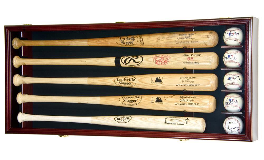 Set of baseball bats and balls in a wooden display case