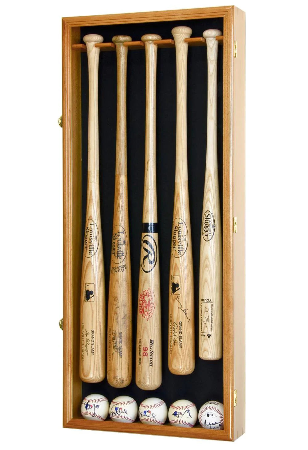 Set of baseball bats and balls in a wooden display case