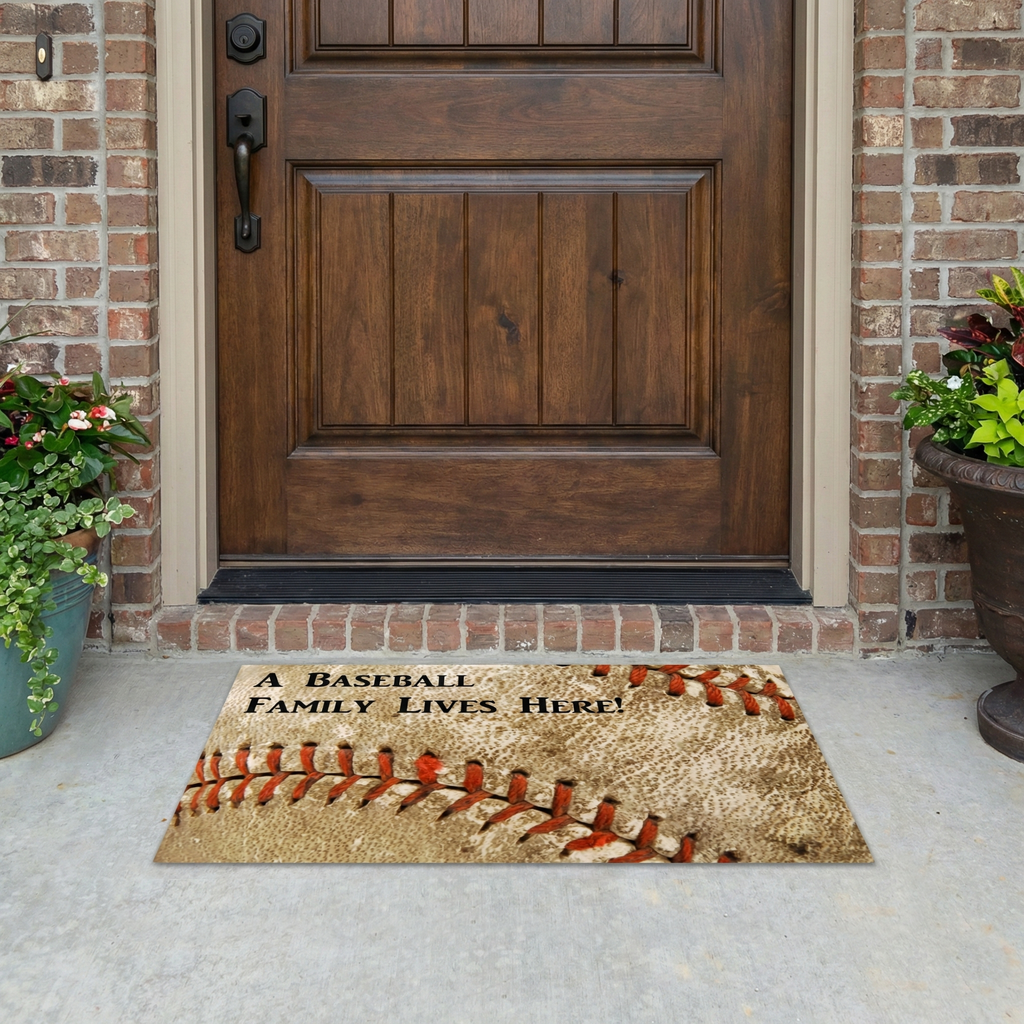 Doormat with 'A Baseball Family Lives Here!' text in front of a wooden door.