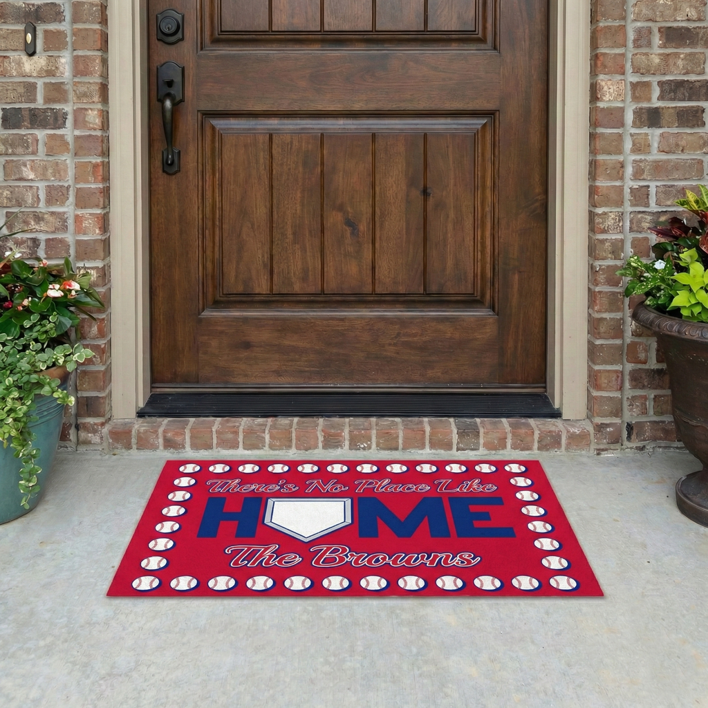 Red doormat with 'HOME' and baseball design in front of a wooden door.
